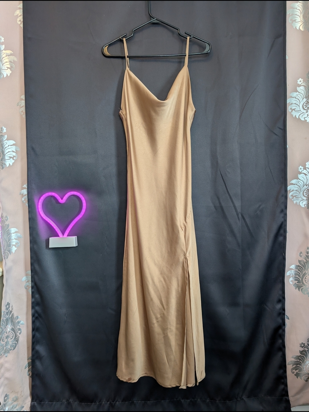 Slip Maxi Dress in Camel Thigh Split Speghatti Straps Adjustable Long Golden
